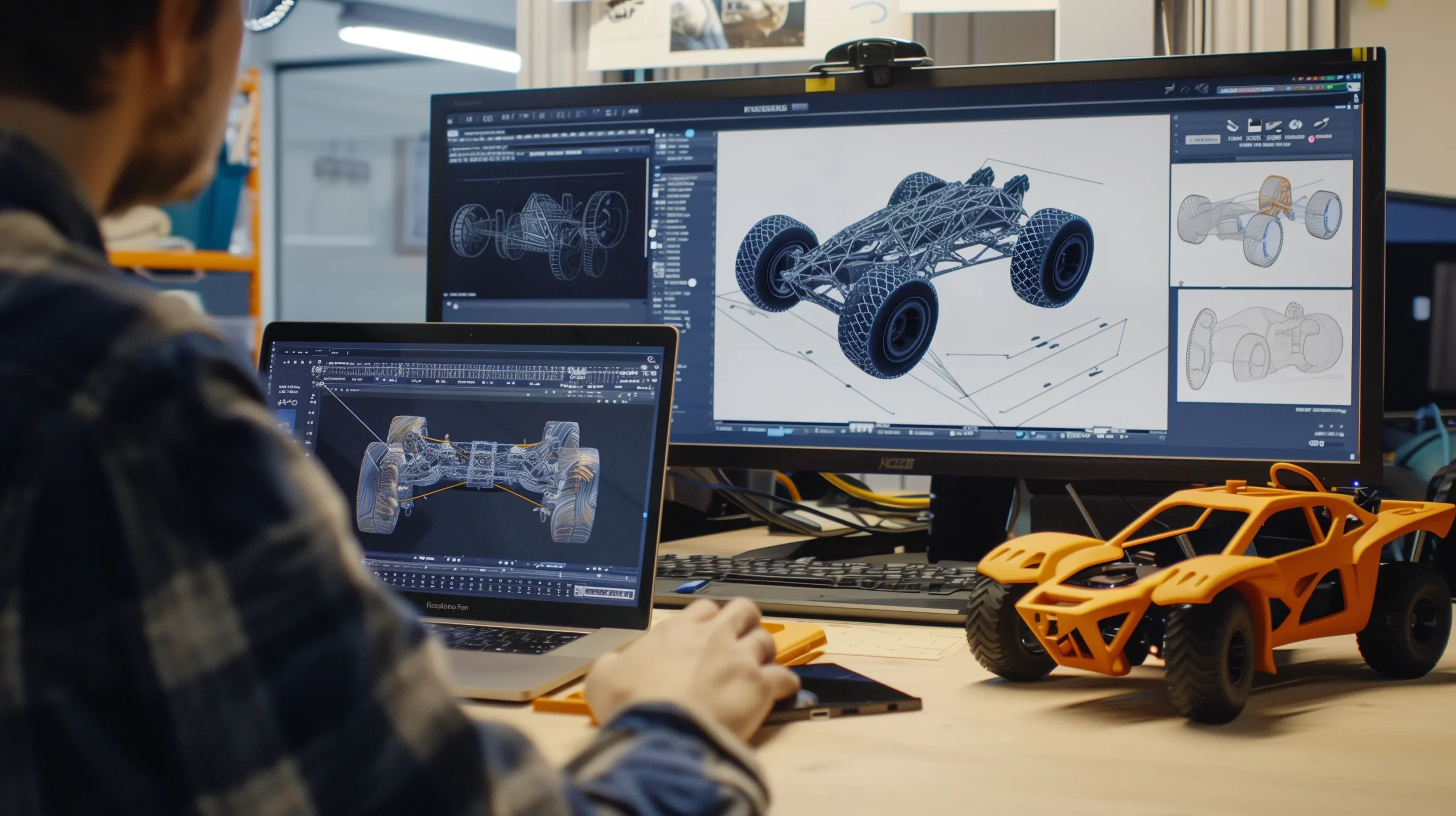 Modelagem 3D de veículo off-road exibida em múltiplas telas durante processo de design.
