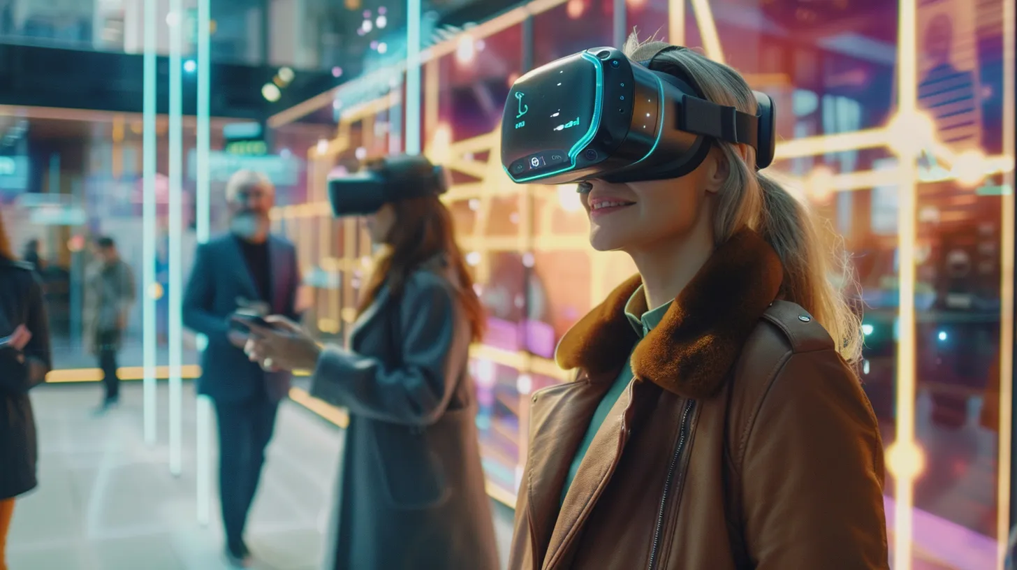 Usuária utilizando óculos de realidade virtual em ambiente interativo com luzes coloridas.