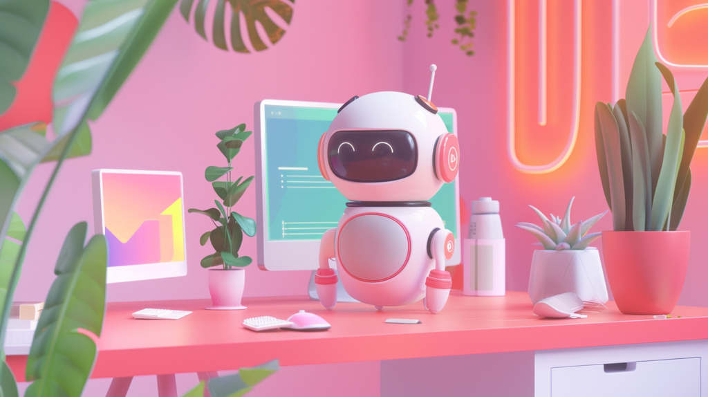 Robô estilizado em ambiente futurista colorido, simbolizando tecnologias de inteligência artificial.