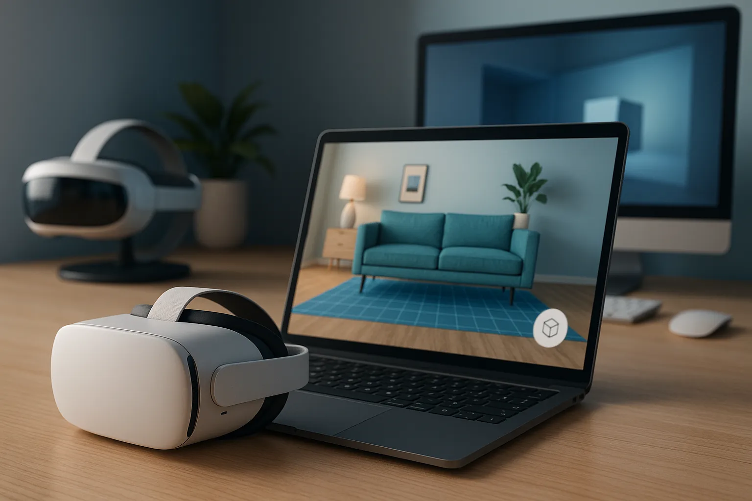 Demonstração de realidade aumentada em laptop com óculos VR exibindo um sofá em ambiente virtual.