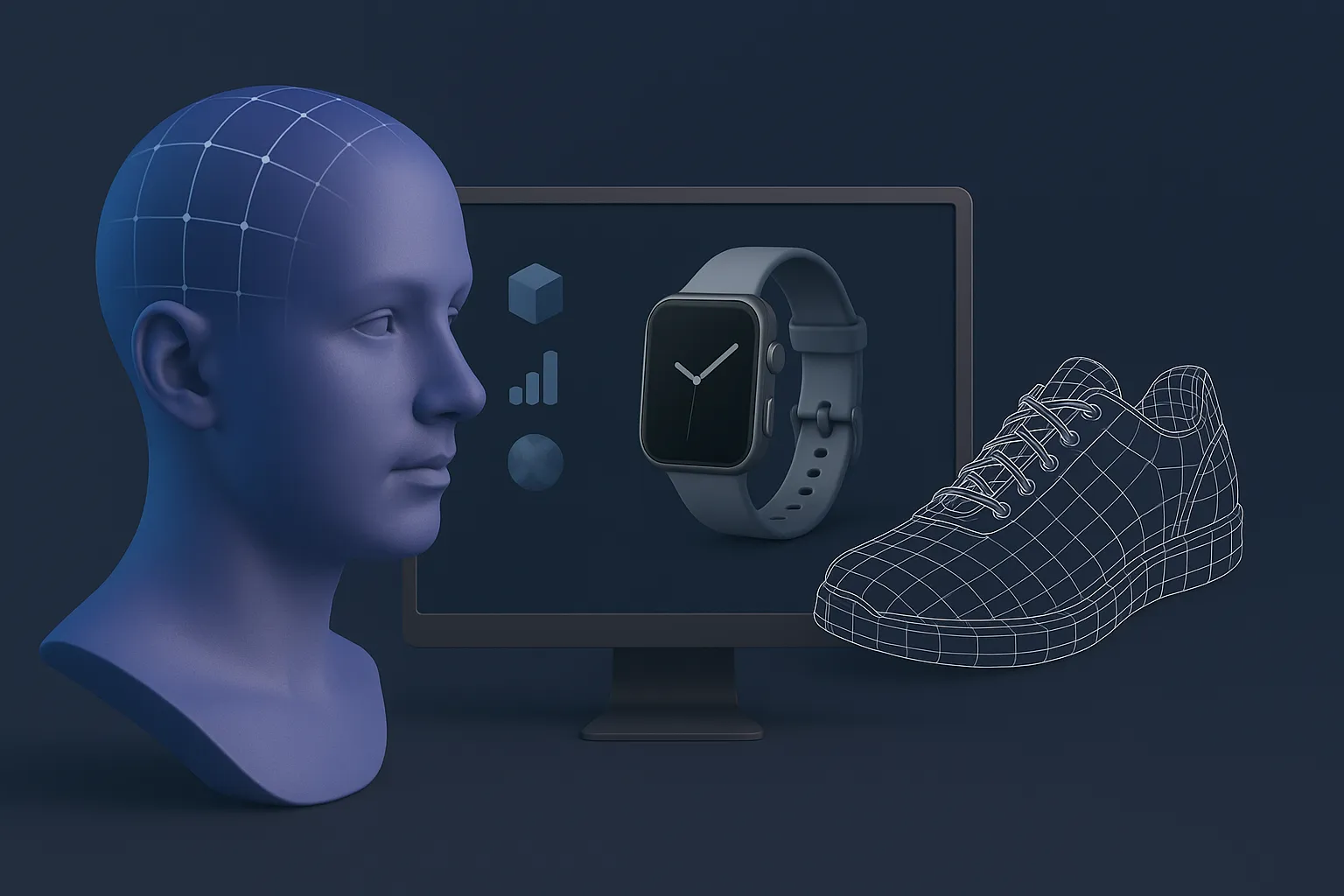 Visual de modelagem 3D com cabeça digital e smartwatch, representando criação de produtos em ambientes virtuais.
