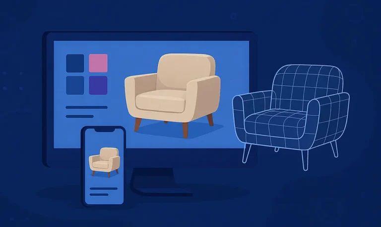 Interface de configurador 3D mostrando uma poltrona personalizada em diferentes dispositivos.