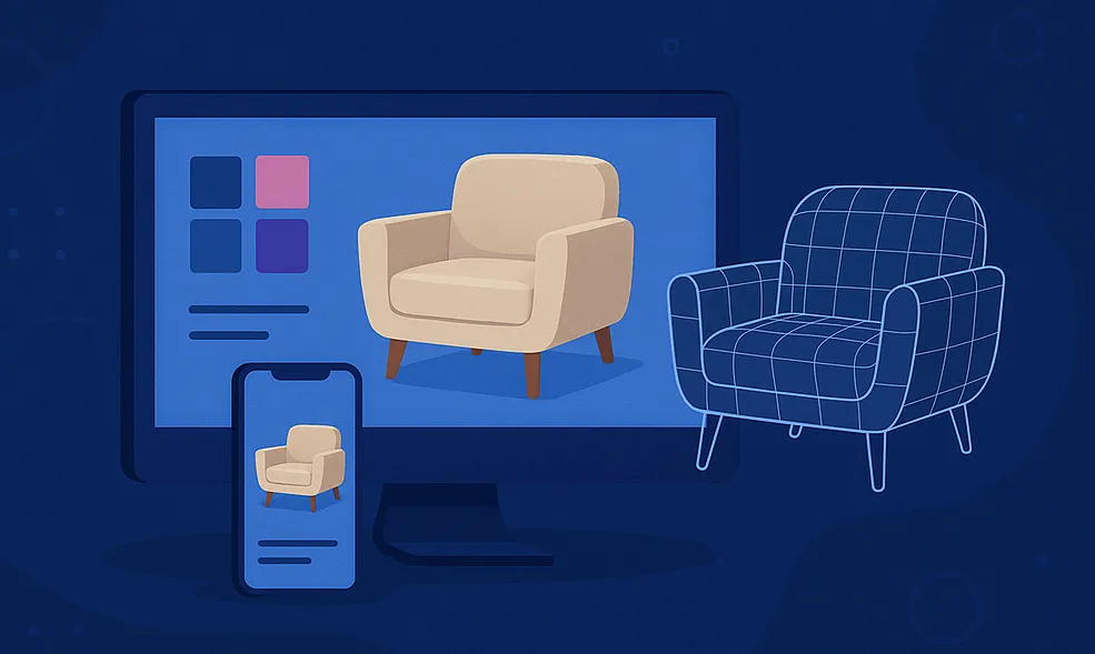 Interface de configurador 3D mostrando uma poltrona personalizada em diferentes dispositivos.